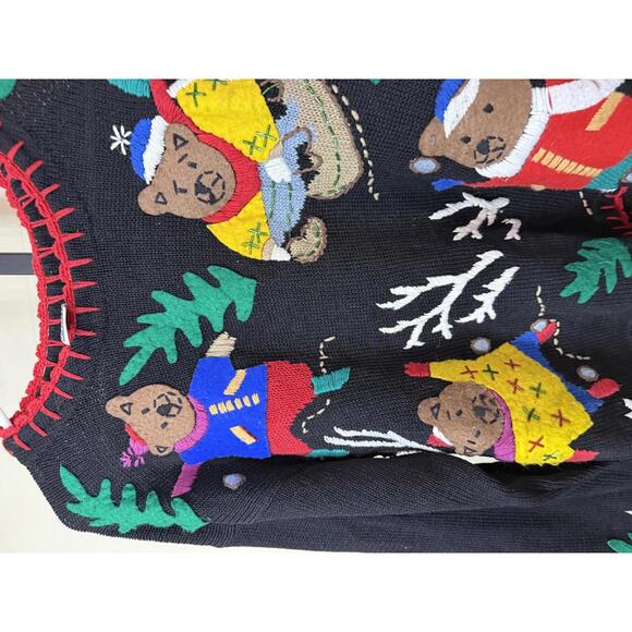 Winter Christmas Holiday Large Black Knit Sweater with Bear and Winter Motif - Picture 4 of 9